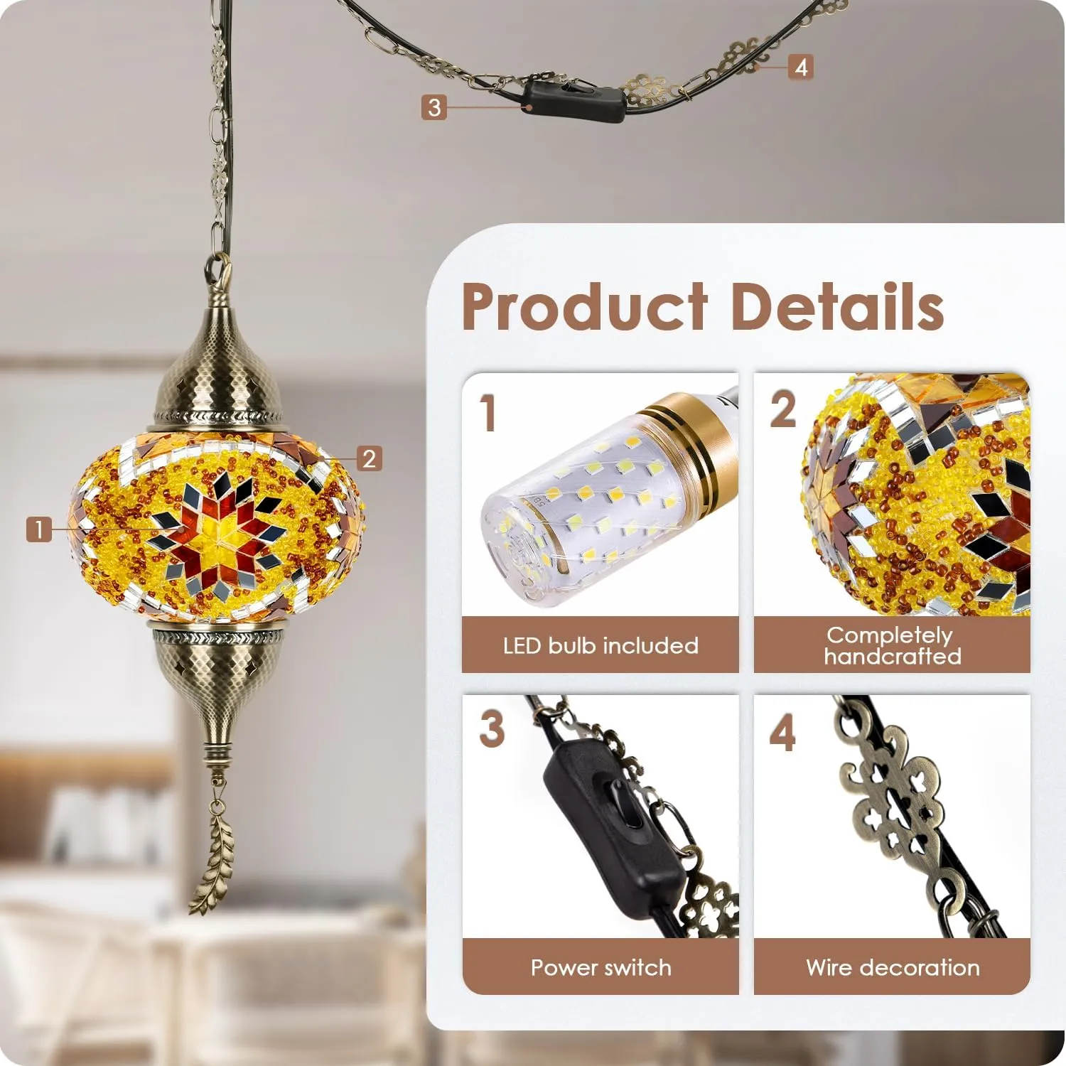 Yarra-Decor Turkish Moroccan Pendant Hanging Light with 15-Foot Cord - Exquisite Tiffany Style Mosaic Ceiling Lamp for Bedroom, Living Room(Yellow1)