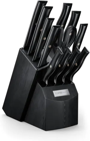 Yatoshi 13 Piece Knife Block - Onyx Black Titanium Nitride Coating- Ultra Sharp High Carbon Stainless Steel - Black Pakkawood Ergonomic Handle