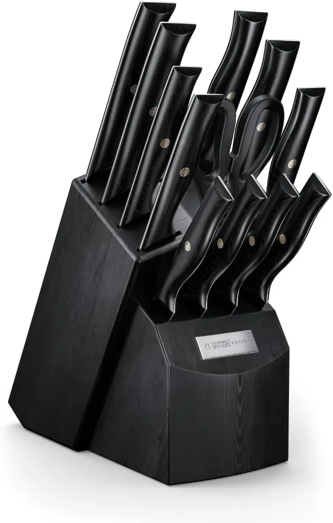 Yatoshi 13 Piece Knife Block - Onyx Black Titanium Nitride Coating- Ultra Sharp High Carbon Stainless Steel - Black Pakkawood Ergonomic Handle
