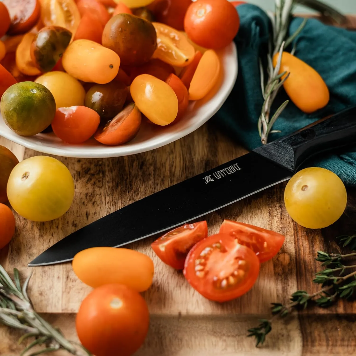 Yatoshi 13 Piece Knife Block - Onyx Black Titanium Nitride Coating- Ultra Sharp High Carbon Stainless Steel - Black Pakkawood Ergonomic Handle