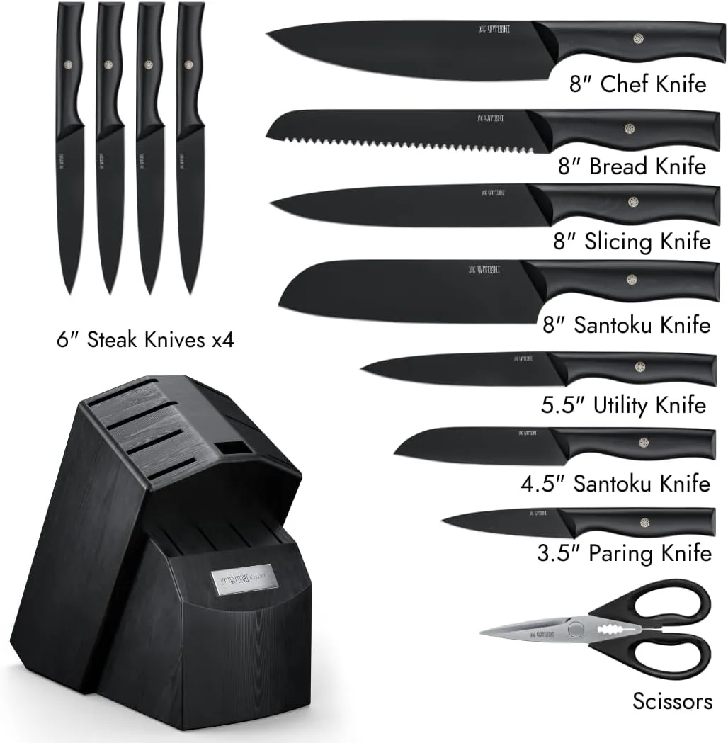 Yatoshi 13 Piece Knife Block - Onyx Black Titanium Nitride Coating- Ultra Sharp High Carbon Stainless Steel - Black Pakkawood Ergonomic Handle