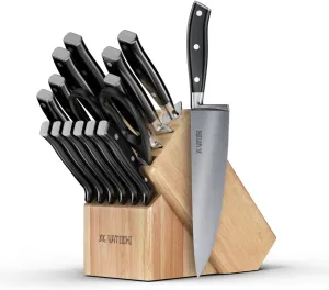 Yatoshi 15 Piece Black Knife Block Set - Pro Kitchen Knife Set Ultra Sharp High Carbon Stainless Steel with Ergonomic Handle