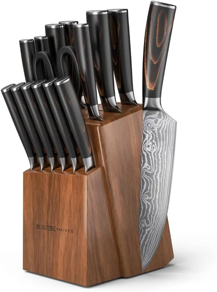 Yatoshi 15 Piece Knife Block Set - Pro Kitchen Knife Set Ultra Sharp High Carbon Stainless Steel with Ergonomic Handle