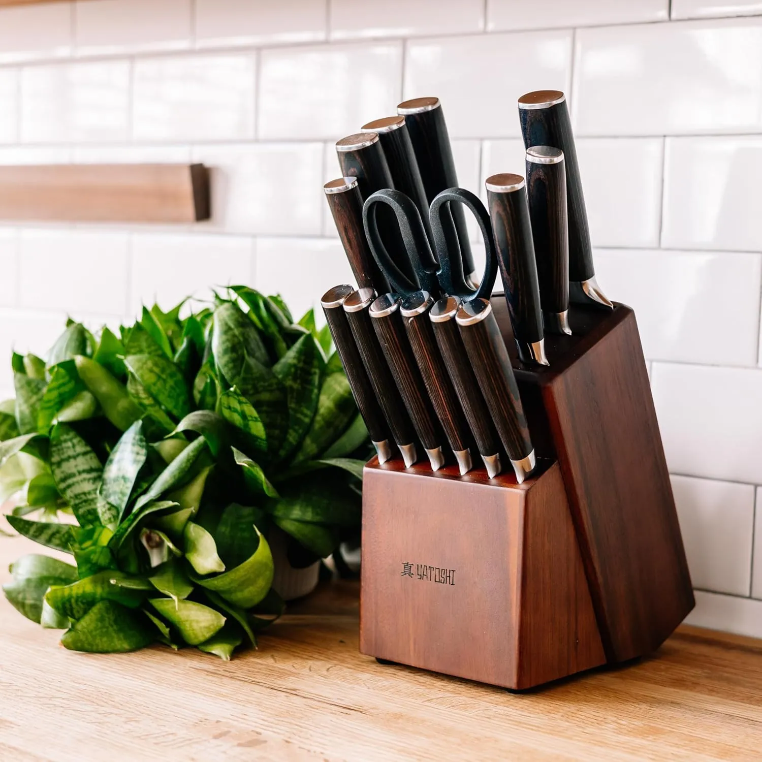 Yatoshi 15 Piece Knife Block Set - Pro Kitchen Knife Set Ultra Sharp High Carbon Stainless Steel with Ergonomic Handle