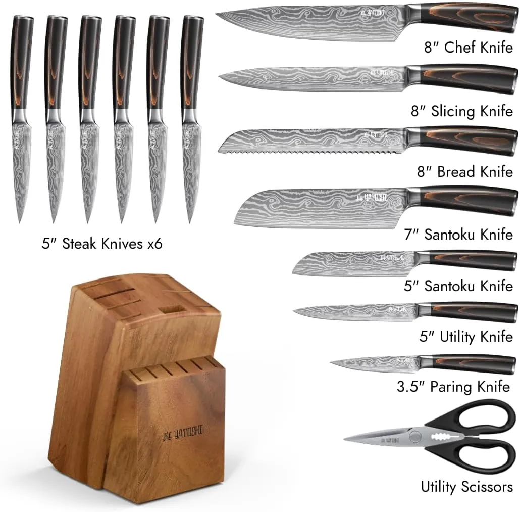 Yatoshi 15 Piece Knife Block Set - Pro Kitchen Knife Set Ultra Sharp High Carbon Stainless Steel with Ergonomic Handle