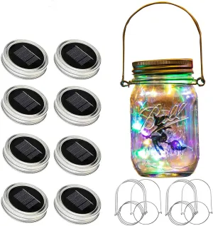 YJFWAL Updated Solar Mason jar Lights, 8 Pack 30 Led Waterproof Fairy Firefly jar Lights, with 8 Hangers(NO Jars) for Regular Mouth Jars, Patio Yard Garden Wedding DIY Decor, Summer Gifts(Multicolor)