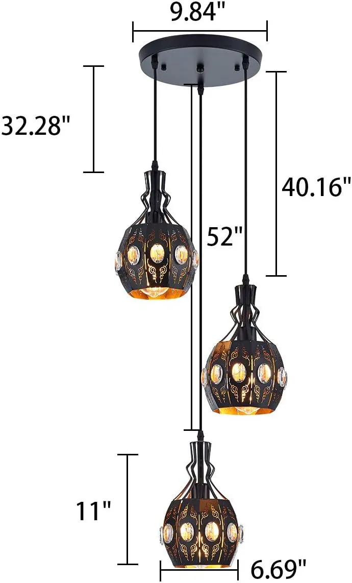 YLONG-ZS 3-Light Industrial Pendant Lighting Vintage Hanging Ceiling Light Fixtures Farmhouse Rustic Pendant Light with Metal Caged for Dining Room Hotel Hanging Lamps