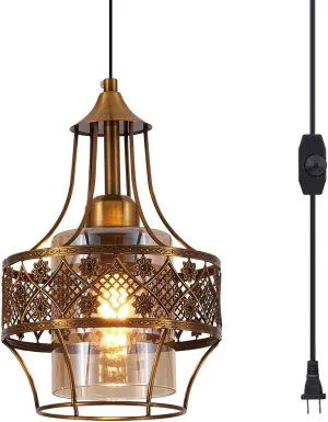 YLONG-ZS Farmhouse Plug in Pendant Light, Glass Hanging Lamp Gold, Vintage Swag Lights with Plug in Cord 16ft for Kitchen Island，Dining Room，Bedroom，Living Room