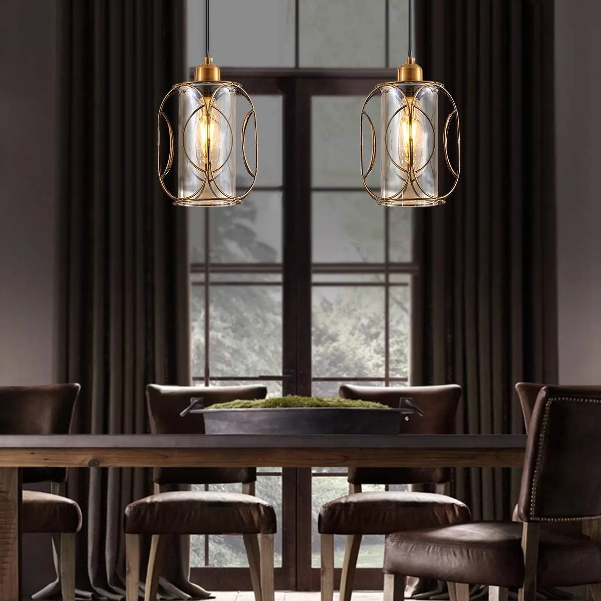 YLONG-ZS Gold Pendant Light Plug in,Glass Hanging Lamp Dimmable, Vintage Swag Ceiling Lamp for Kitchen Island,Bedroom,Living Room,Dining Room