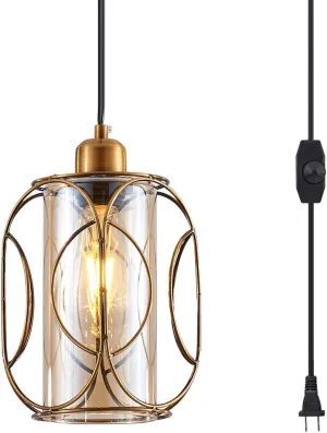 YLONG-ZS Gold Pendant Light Plug in,Glass Hanging Lamp Dimmable, Vintage Swag Ceiling Lamp for Kitchen Island,Bedroom,Living Room,Dining Room