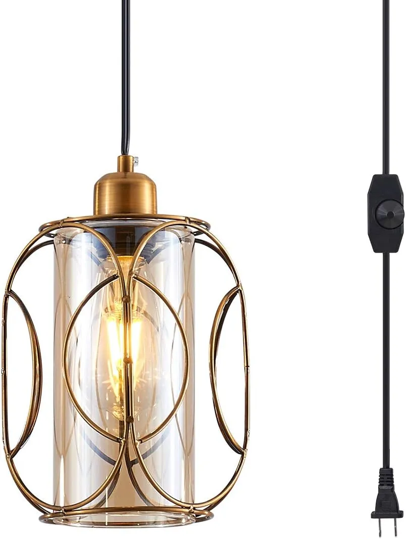 YLONG-ZS Gold Pendant Light Plug in,Glass Hanging Lamp Dimmable, Vintage Swag Ceiling Lamp for Kitchen Island,Bedroom,Living Room,Dining Room