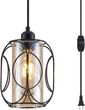 YLONG-ZS Hanging Lights with Plug in Cord, Vintage Black Pendant Lighting Plug in,Dimmable Glass Swag Hanging Lmap for Kitchen Island,Bedroom,Living Room,Dining Room,Corner