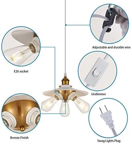 YLONG-ZS White Hanging Lamps Swag Lights Plug in Pendant Light 16.4 FT Cord Hanging Pendant Light On/Off Switch for Living Room, Dining Room, Entryway