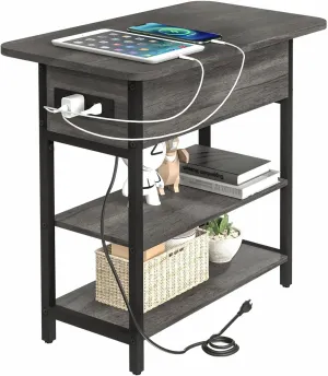 Yoobure End Table with Charging Station, Flip Top Side Table with USB Ports and Outlets, Sofa Couch Table Bedside Table for Living Room Bedroom, Narrow Nightstand with Storage Shelves for Small Space