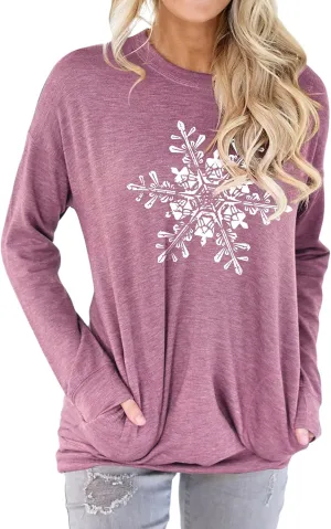 Ytfsrukp Women Let It Snow Crew Neck Snowflake Plant Long Sleeve Pocket T-Shirts Multicolor