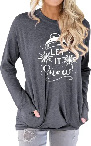 Ytfsrukp Women Let It Snow Crew Neck Snowflake Plant Long Sleeve Pocket T-Shirts Multicolor