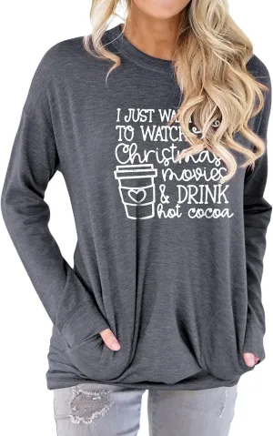 Ytfsrukp Women Let It Snow Crew Neck Snowflake Plant Long Sleeve Pocket T-Shirts Multicolor