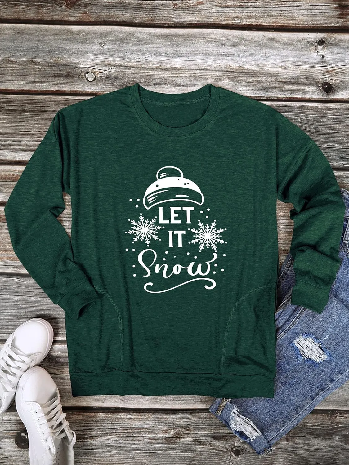 Ytfsrukp Women Let It Snow Crew Neck Snowflake Plant Long Sleeve Pocket T-Shirts Multicolor