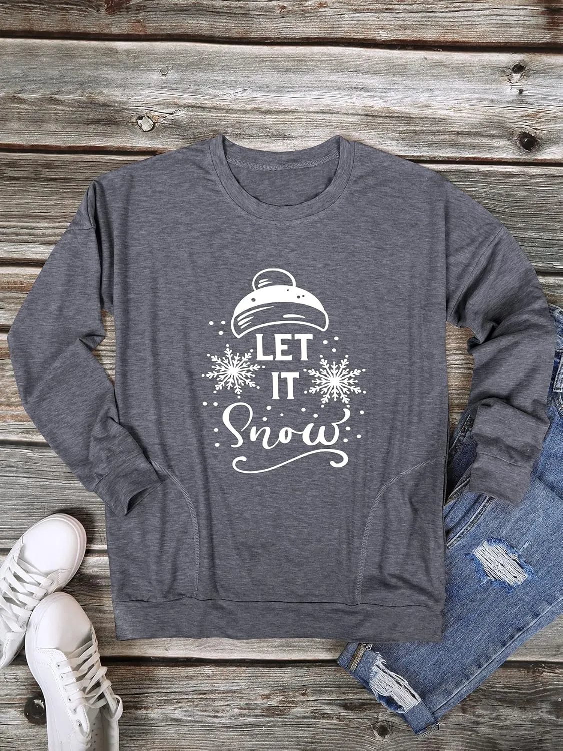 Ytfsrukp Women Let It Snow Crew Neck Snowflake Plant Long Sleeve Pocket T-Shirts Multicolor