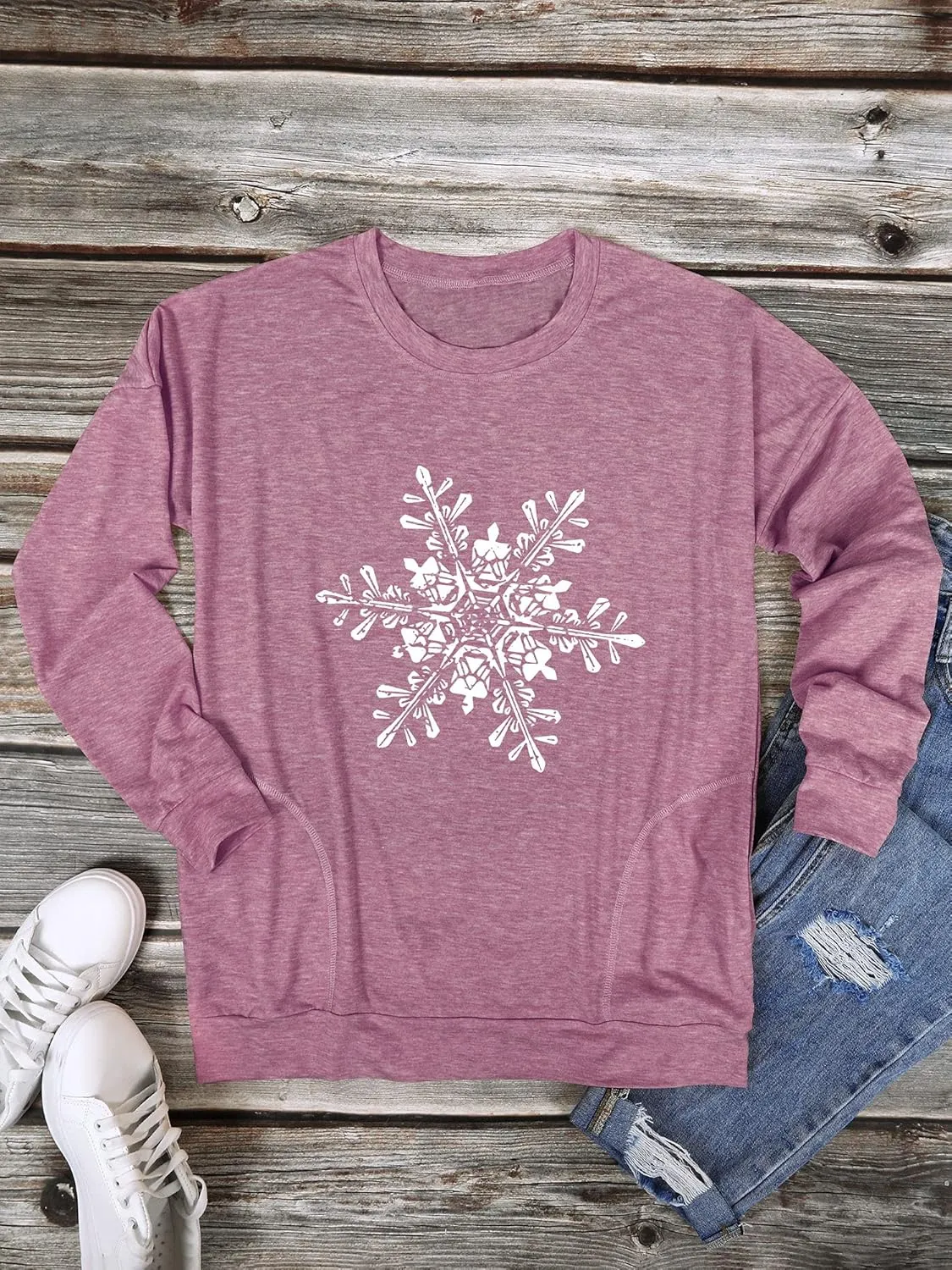 Ytfsrukp Women Let It Snow Crew Neck Snowflake Plant Long Sleeve Pocket T-Shirts Multicolor