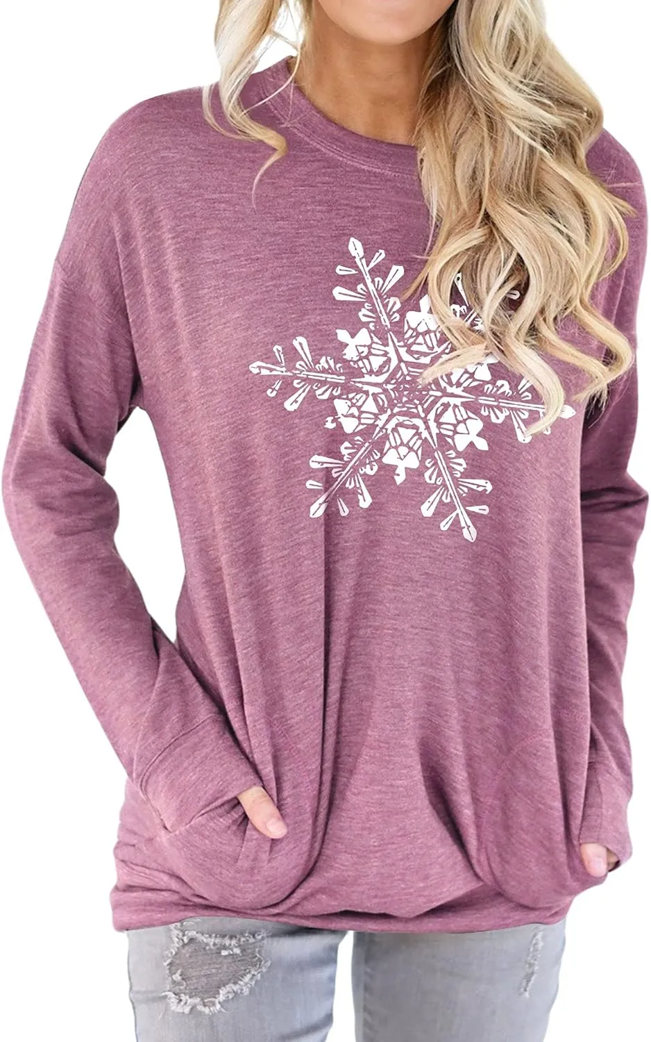 Ytfsrukp Women Let It Snow Crew Neck Snowflake Plant Long Sleeve Pocket T-Shirts Multicolor