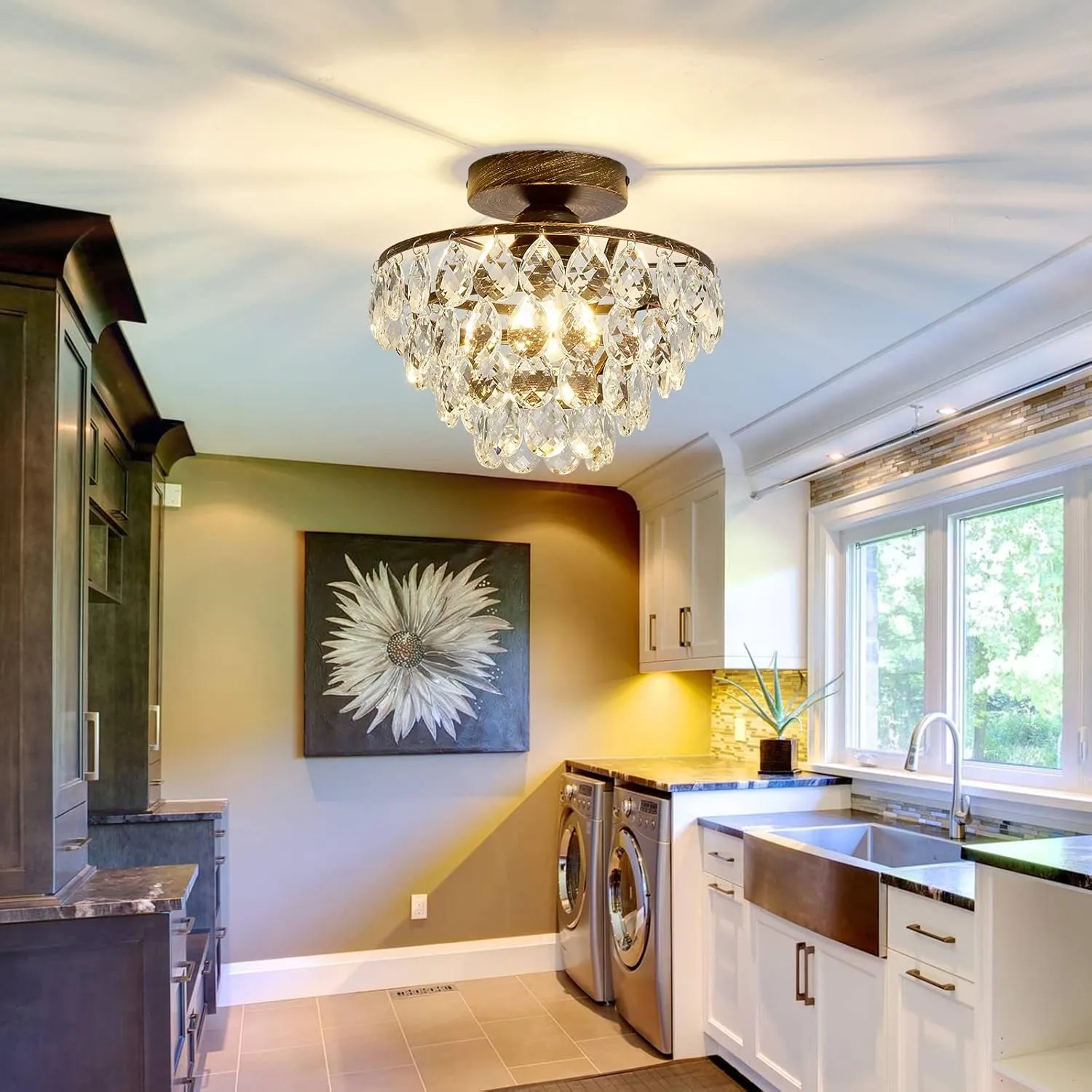 YYJLX Crystal Chandelier,Modern Semi Flush Mount Small Ceiling Light Oil Rubbed Bronze,Mini E26 Ceiling Lamp for Hallway Bedroom Bathroom Closet