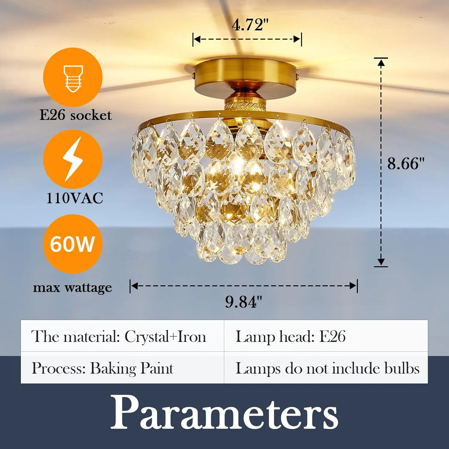 YYJLX Modern E26 Small Crystal Chandelier Semi Flush Mount Ceiling Light Fixture Gold Ceiling Lamp for Hallway Bedroom Bathroom Closet Bedroom Foyer