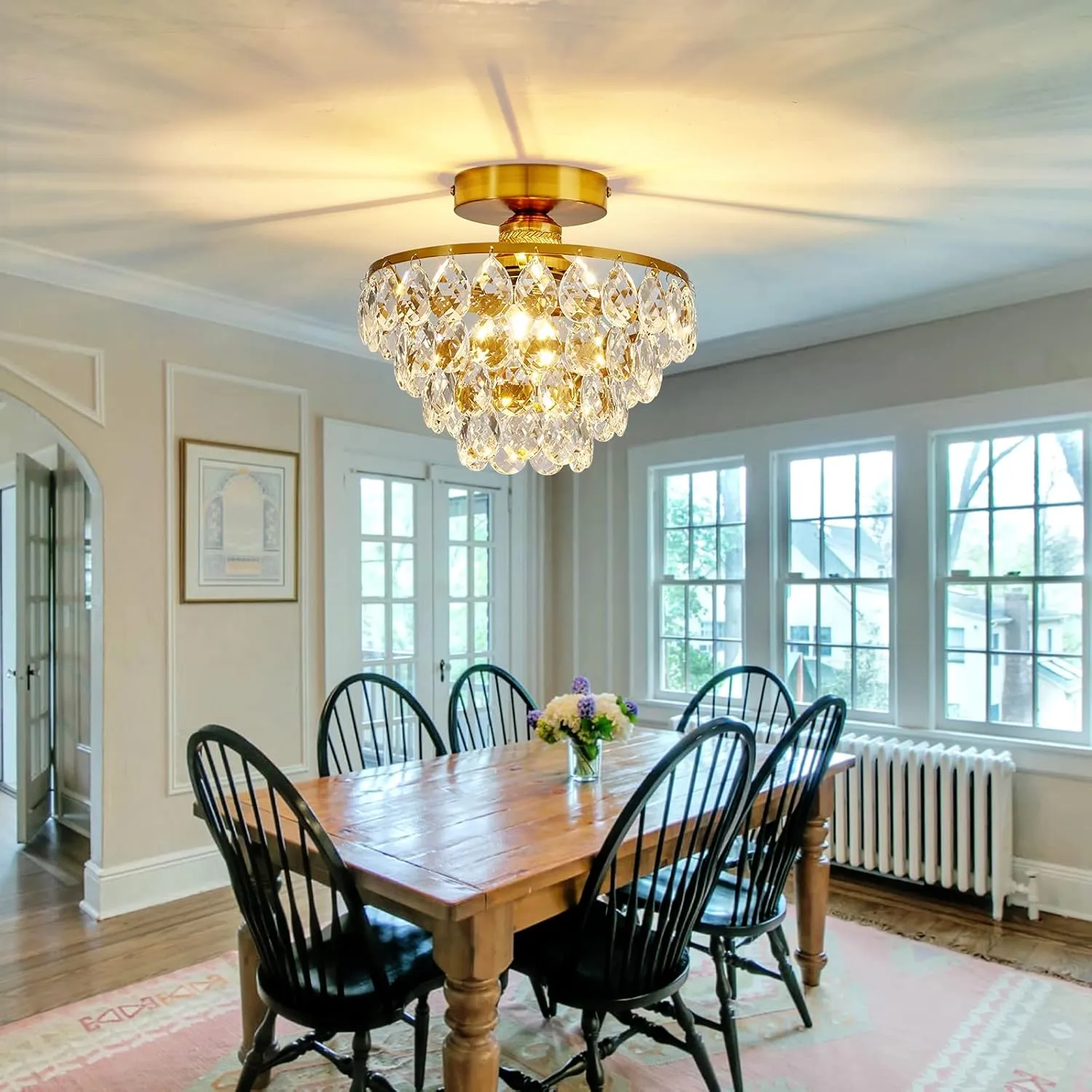YYJLX Modern E26 Small Crystal Chandelier Semi Flush Mount Ceiling Light Fixture Gold Ceiling Lamp for Hallway Bedroom Bathroom Closet Bedroom Foyer
