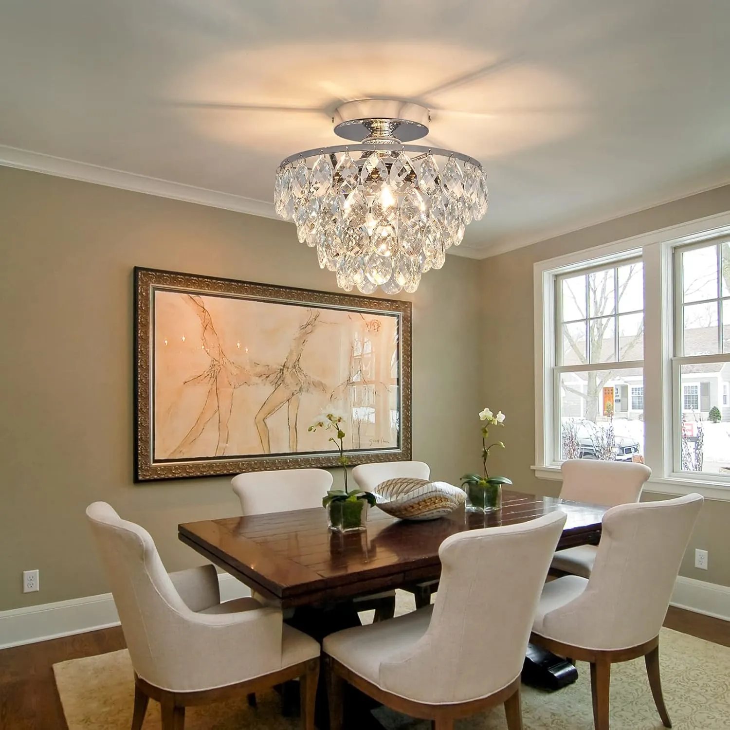 YYJLX Modern E26 Small Crystal Chandelier Semi Flush Mount Ceiling Light Fixture Silver Ceiling Lamp for Hallway Bedroom Bathroom Closet Bedroom Foyer （Chrome）