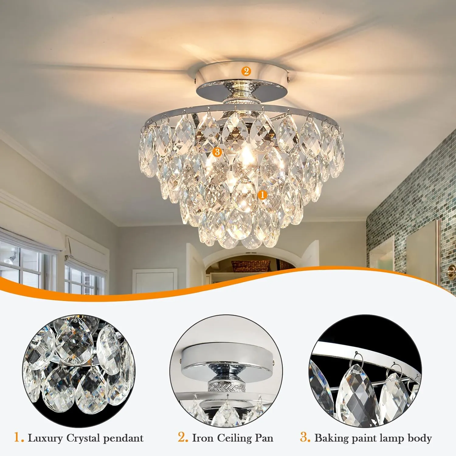 YYJLX Modern E26 Small Crystal Chandelier Semi Flush Mount Ceiling Light Fixture Silver Ceiling Lamp for Hallway Bedroom Bathroom Closet Bedroom Foyer （Chrome）