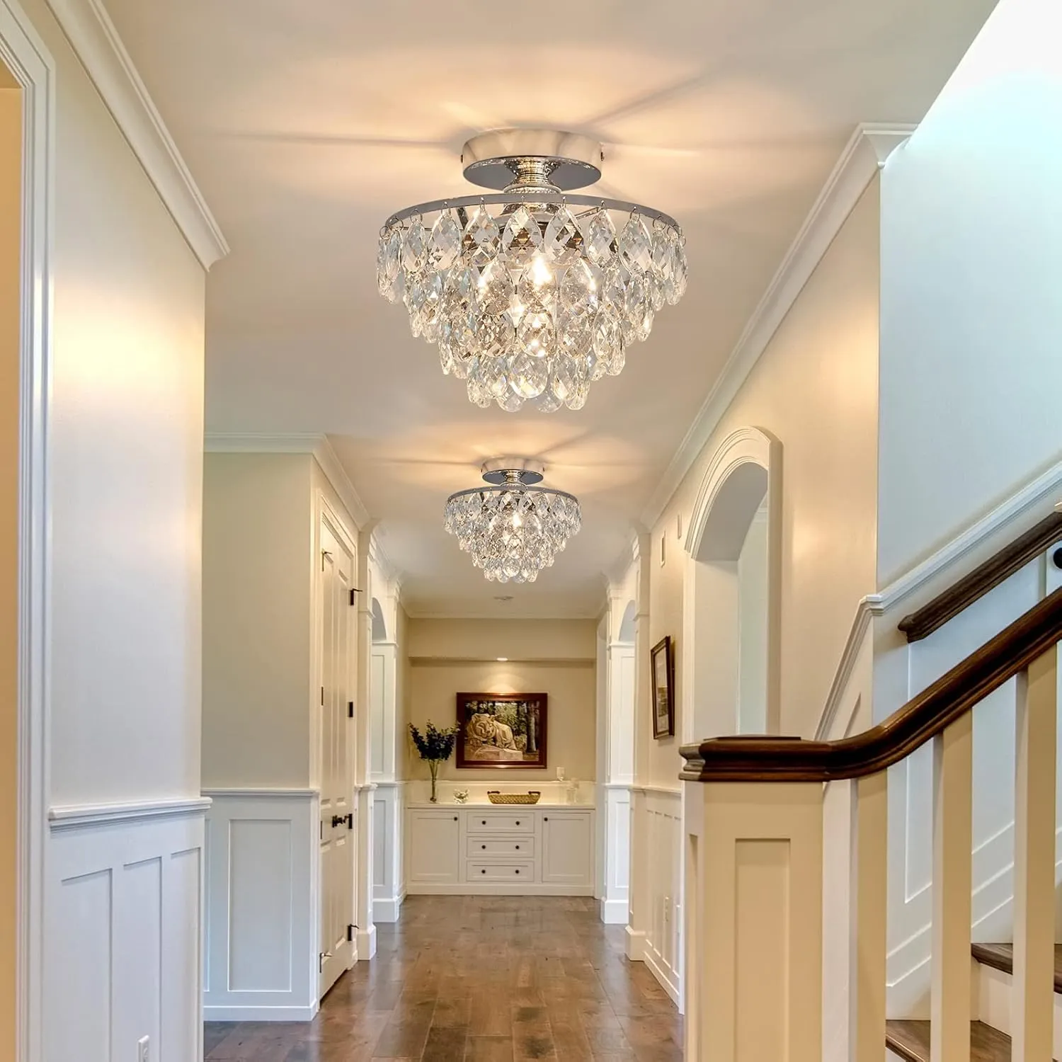 YYJLX Modern E26 Small Crystal Chandelier Semi Flush Mount Ceiling Light Fixture Silver Ceiling Lamp for Hallway Bedroom Bathroom Closet Bedroom Foyer （Chrome）
