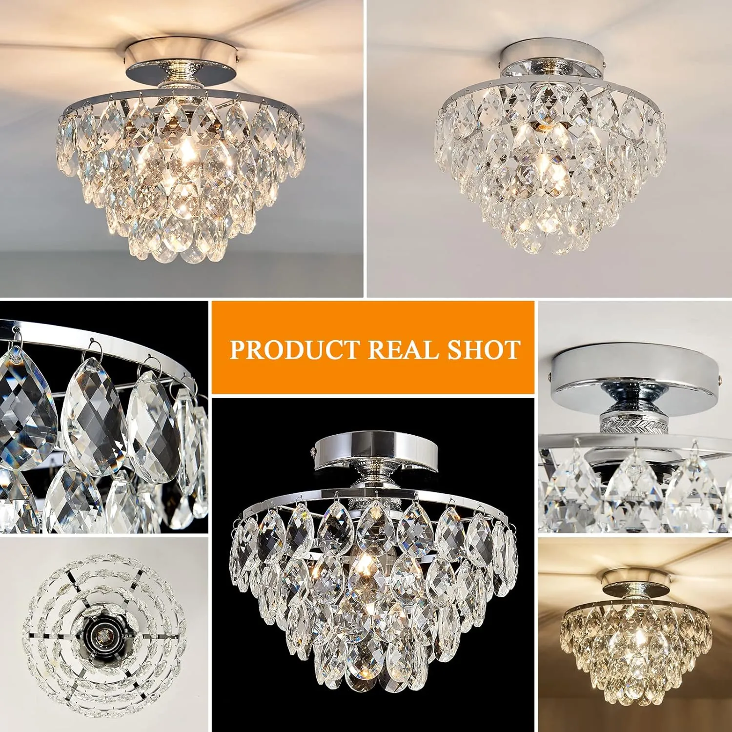 YYJLX Modern E26 Small Crystal Chandelier Semi Flush Mount Ceiling Light Fixture Silver Ceiling Lamp for Hallway Bedroom Bathroom Closet Bedroom Foyer （Chrome）