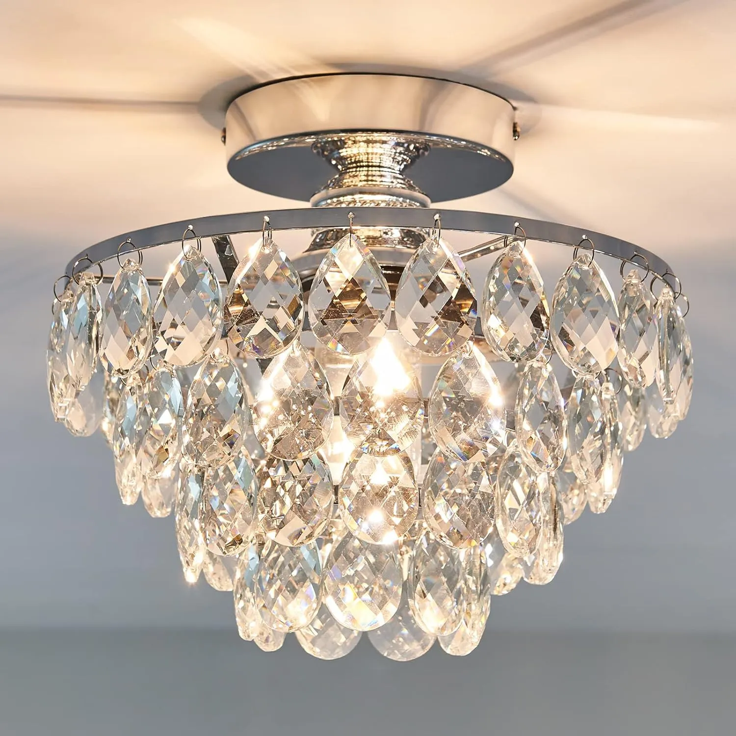 YYJLX Modern E26 Small Crystal Chandelier Semi Flush Mount Ceiling Light Fixture Silver Ceiling Lamp for Hallway Bedroom Bathroom Closet Bedroom Foyer （Chrome）