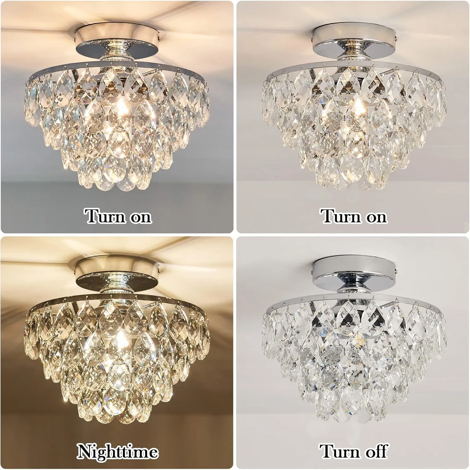 YYJLX Modern E26 Small Crystal Chandelier Semi Flush Mount Ceiling Light Fixture Silver Ceiling Lamp for Hallway Bedroom Bathroom Closet Bedroom Foyer （Chrome）
