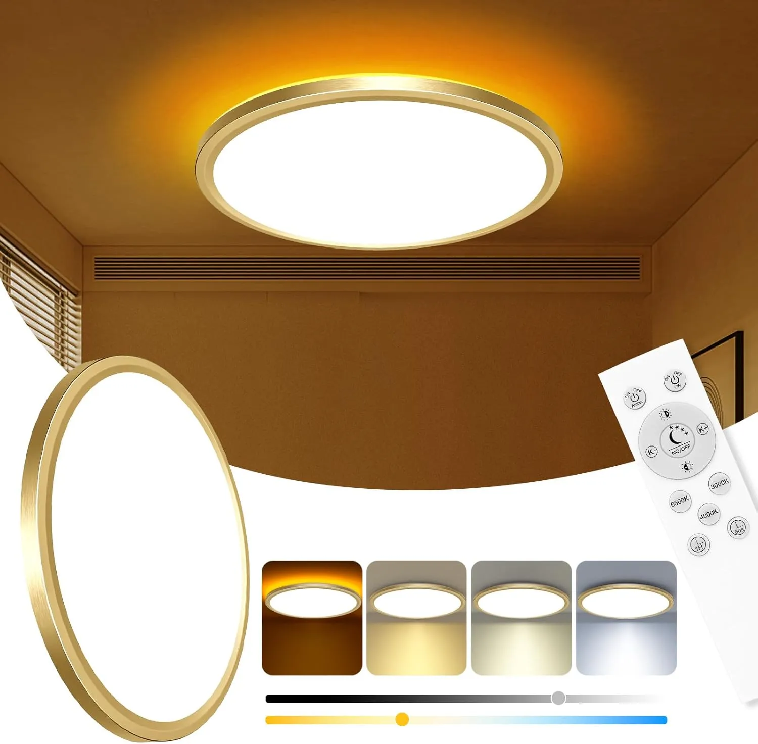 Zemty 12 Inch LED Ceiling Light With Night Light 1800K, 3000K/4000K/6500K Dimmable Fixture With Remote Control, Low Profile Lighting for Bedroom Living Room Kitchen - Gold