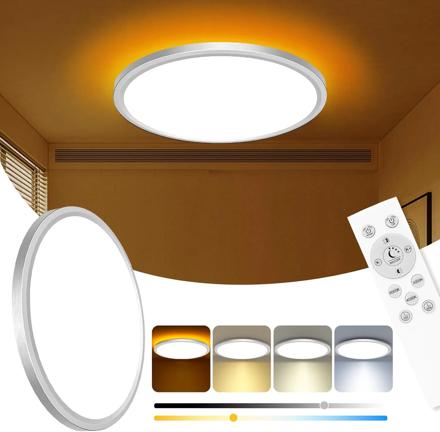 Zemty 12 Inch LED Ceiling Light with Night Light 1800K, Dimmable with Remote Control, Low Profile Lighting for Bedroom Bathroom Kitchen - Brushed Nickel