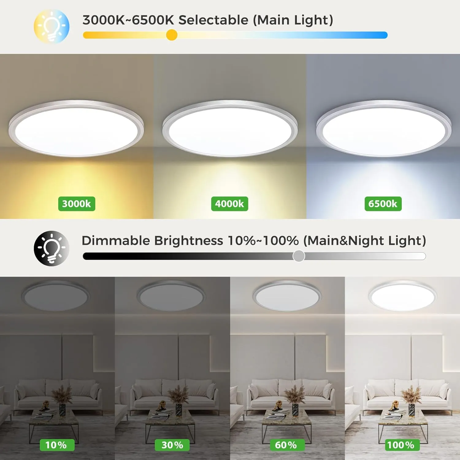 Zemty 12 Inch LED Ceiling Light with Night Light 1800K, Dimmable with Remote Control, Low Profile Lighting for Bedroom Bathroom Kitchen - Brushed Nickel