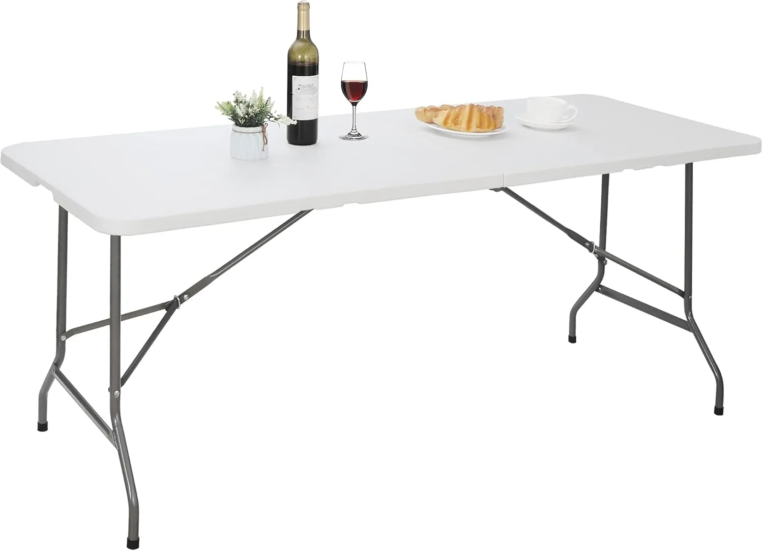 ZenStyle 6 ft Indoor Outdoor Heavy Duty Plastic Folding Table Portable Picnic Table Fold-in-Half Utility Table w/Handle and Steel Legs for Camping, Dining, Party, 71 x 27 Inch, White