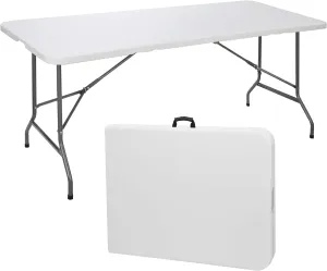 ZenStyle 6 ft Indoor Outdoor Heavy Duty Plastic Folding Table Portable Picnic Table Fold-in-Half Utility Table w/Handle and Steel Legs for Camping, Dining, Party, 71 x 27 Inch, White
