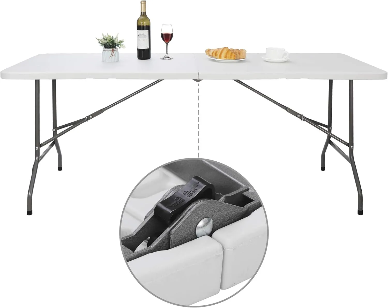 ZenStyle 6 ft Indoor Outdoor Heavy Duty Plastic Folding Table Portable Picnic Table Fold-in-Half Utility Table w/Handle and Steel Legs for Camping, Dining, Party, 71 x 27 Inch, White