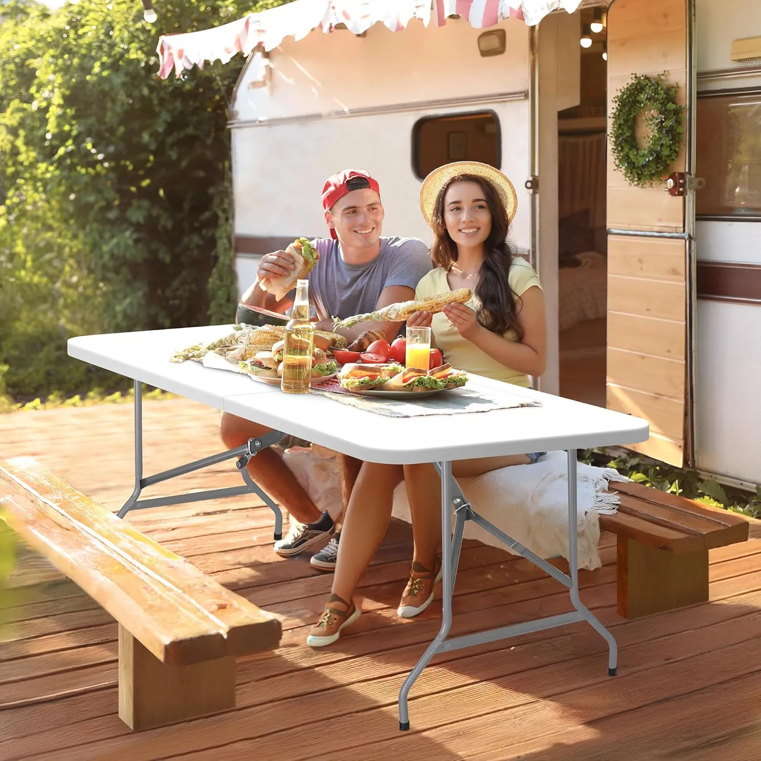 ZenStyle 6 ft Indoor Outdoor Heavy Duty Plastic Folding Table Portable Picnic Table Fold-in-Half Utility Table w/Handle and Steel Legs for Camping, Dining, Party, 71 x 27 Inch, White