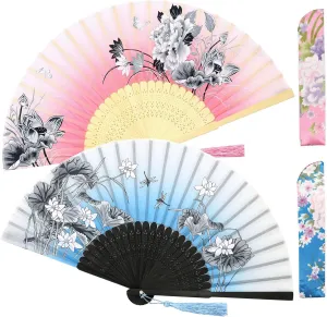 Zolee 2 Pieces Small Folding Hand Fans - Chinese Japanese Vintage Bamboo Silk Fans - for Dance, Performance, Decoration, Wedding, Party，Gift (0302)