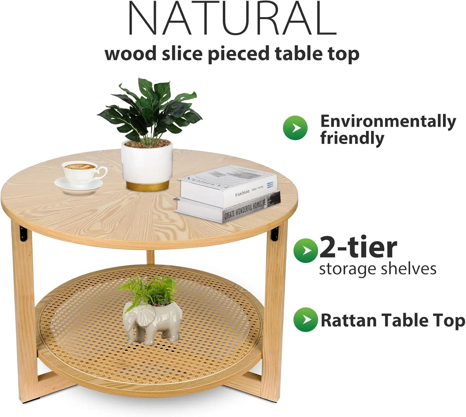 ZYBT Rattan Coffee Tables for Living Room, Small Coffee Table for Small Spaces, Round Coffee Table with Storage, Wooden Circle Center Tea Table