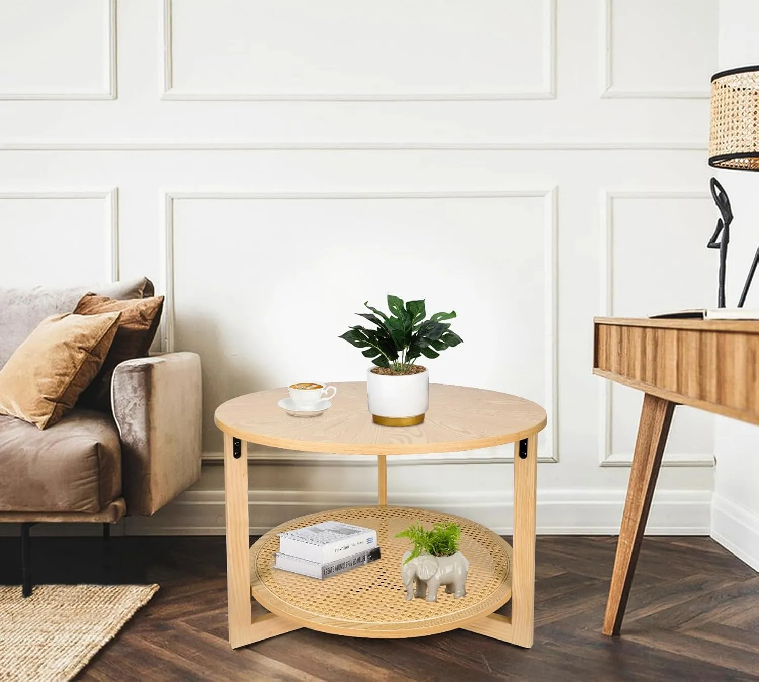 ZYBT Rattan Coffee Tables for Living Room, Small Coffee Table for Small Spaces, Round Coffee Table with Storage, Wooden Circle Center Tea Table