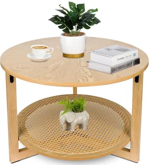 ZYBT Rattan Coffee Tables for Living Room, Small Coffee Table for Small Spaces, Round Coffee Table with Storage, Wooden Circle Center Tea Table