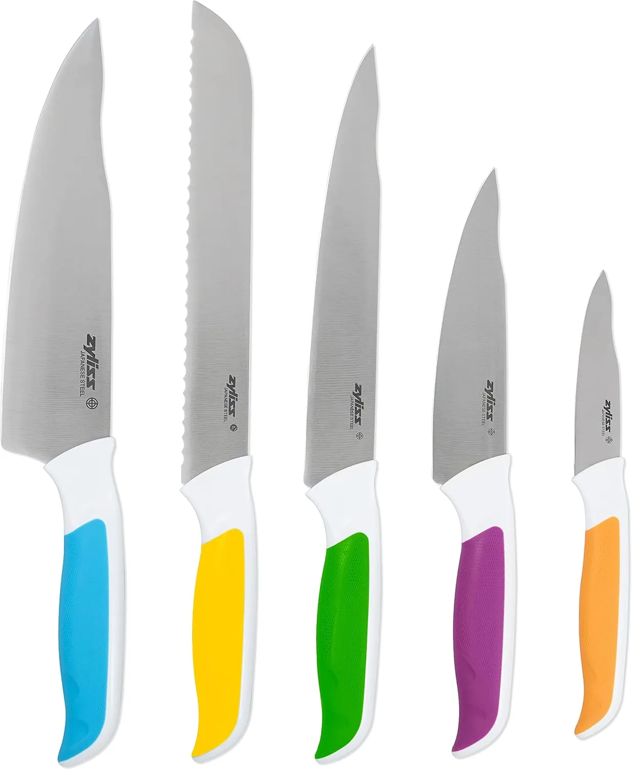 Zyliss E920247 Comfort 5 Piece Knife Set | Multiple Sizes | Japanese Stainless Steel | Multicolour | Knife Block Set With Knives | Includes 5 x Kitchen Knives | 5 Year Guarantee, Dishwasher Safe