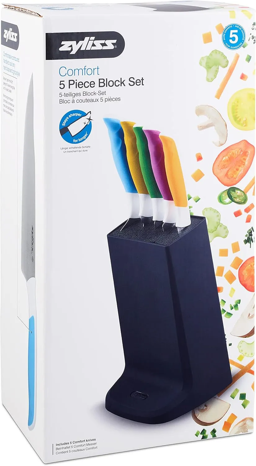 Zyliss E920247 Comfort 5 Piece Knife Set | Multiple Sizes | Japanese Stainless Steel | Multicolour | Knife Block Set With Knives | Includes 5 x Kitchen Knives | 5 Year Guarantee, Dishwasher Safe